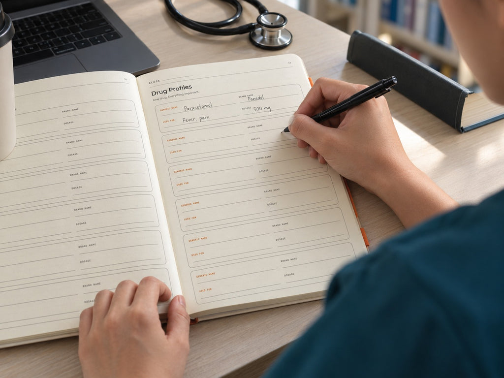 A hand writing a drug profile in The Housejob Journal