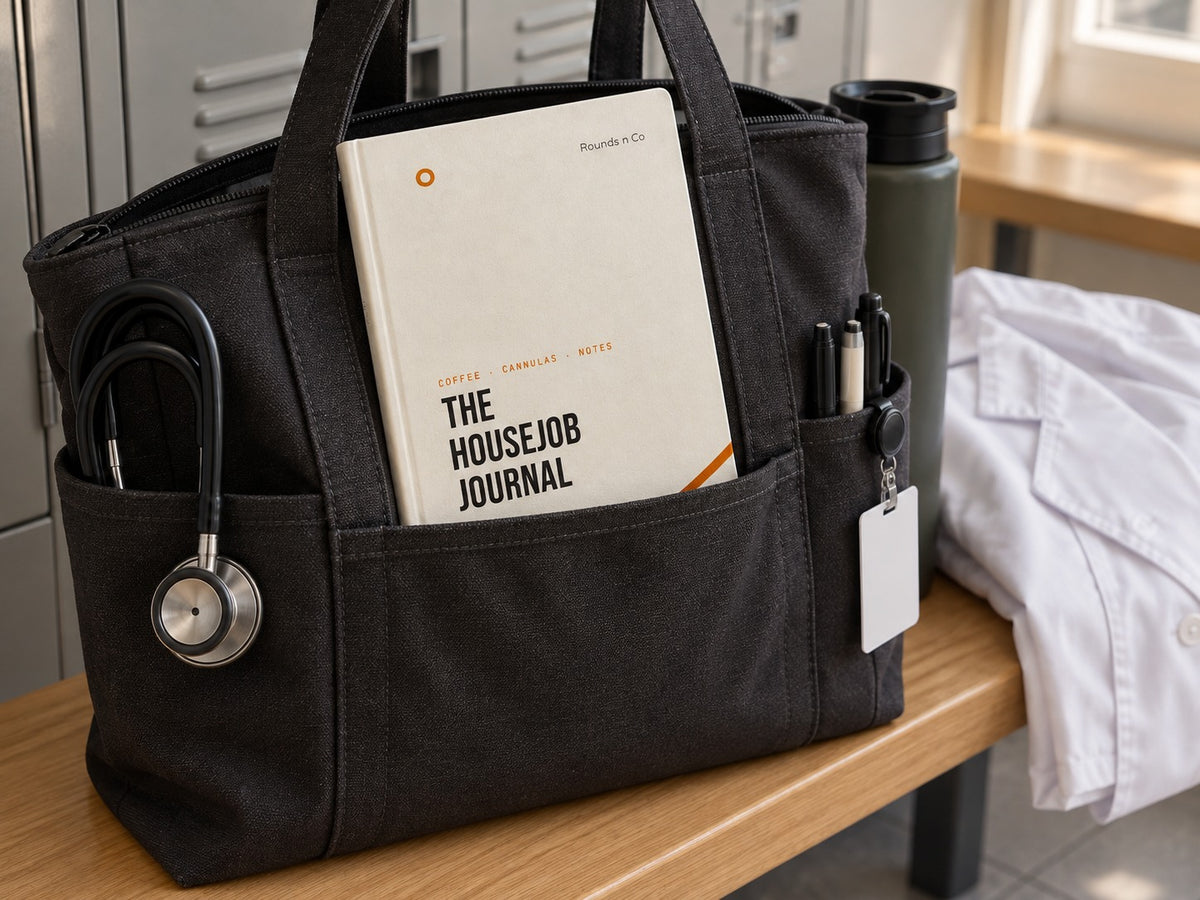 The Housejob Journal in a bag with a stethoscope, ready to carry